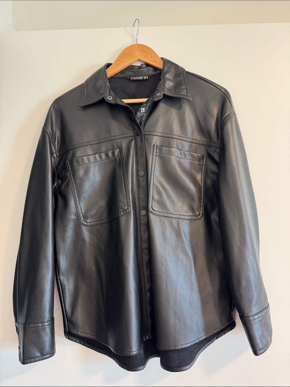 stradivarius Black Faux Leather Button-Up Jacket